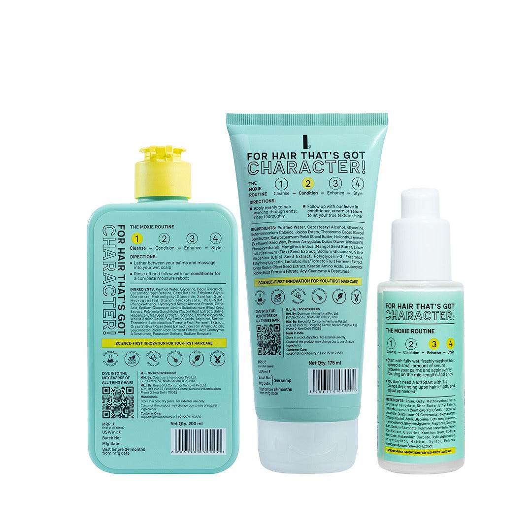 Moxie Beauty Ditch the Frizz 3 step routine back product photo with ingredients and directions