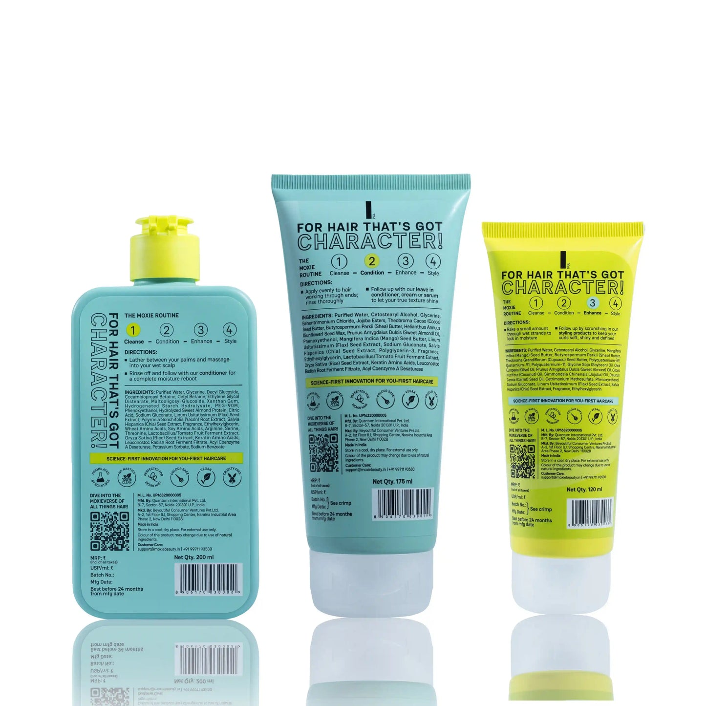 Back view of Moxie Just-The-Essentials Curly Trio showing directions for use, ingredients, and product details