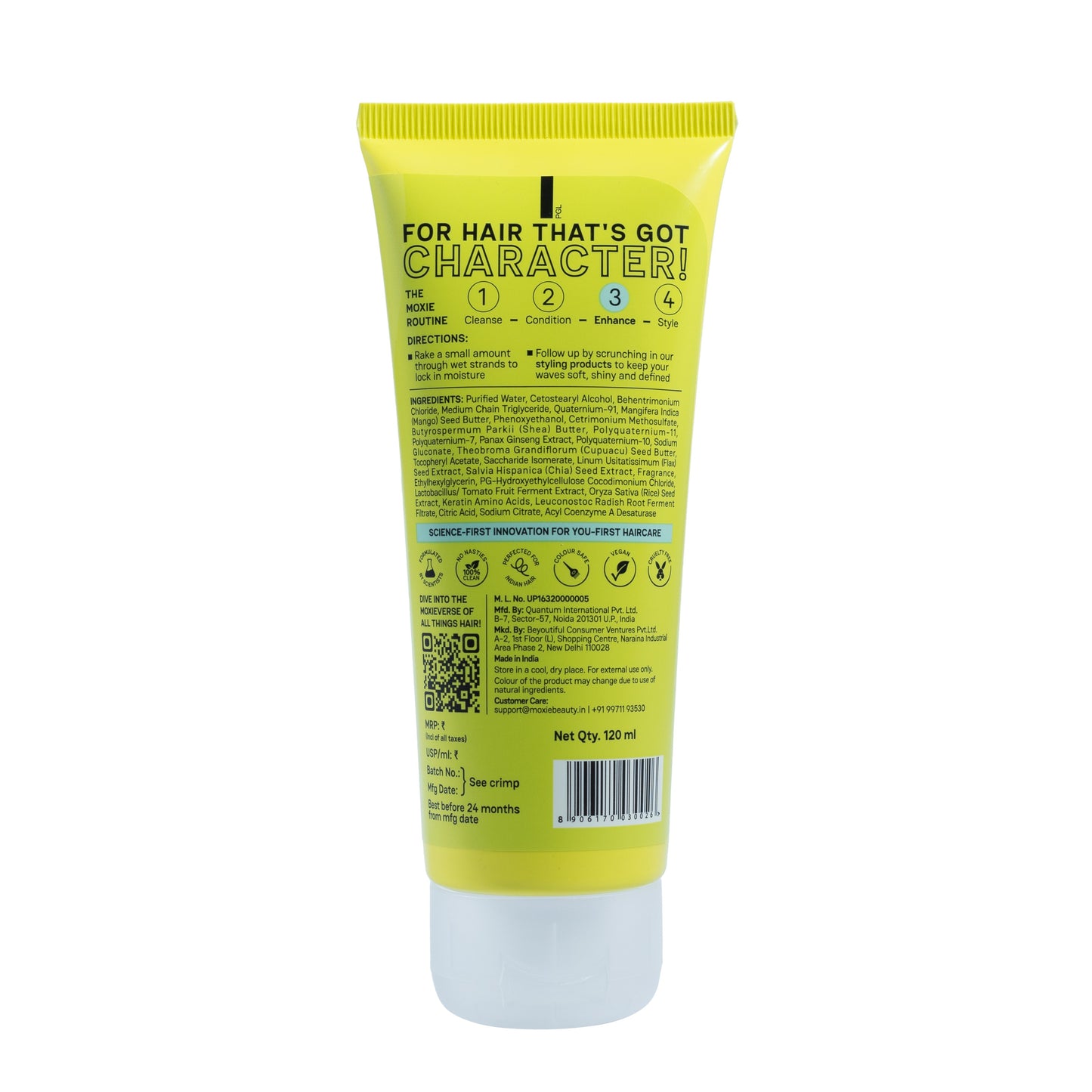 Back view of Moxie leave-in conditioner product packaging