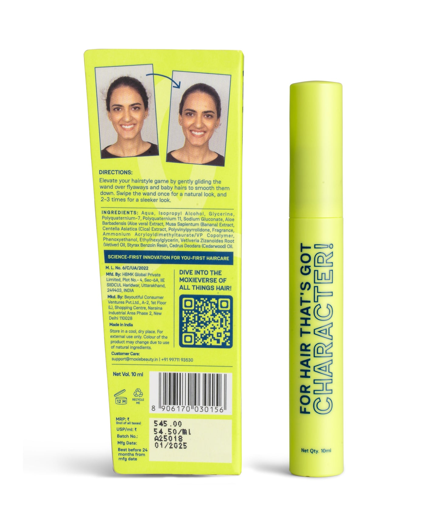 Moxie Beauty On The Fly Hair Finishing Stick back product photo with ingredients and directions