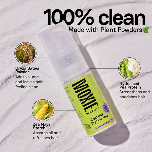 Moxie Beauty Cheat Day Dry Shampoo and Partner in Grime Blending Brush combo for absorbing oil, adding volume and refreshing roots between was hes.