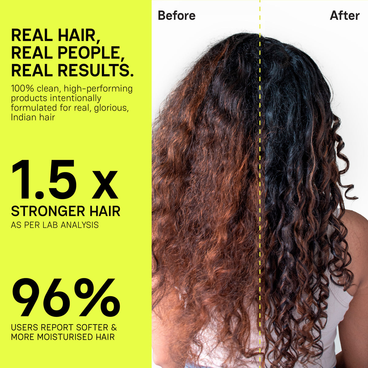 Before and after results with The Moxie Curly Travel Routine: 1.5x stronger hair and 96% of users report softer, more moisturised hair