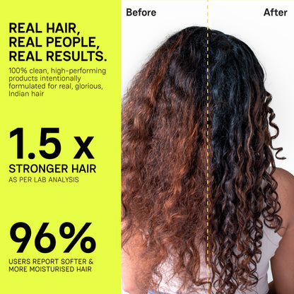 
Before and after results with The Moxie Curly Travel Routine: 1.5x stronger hair and 96% of users report softer, more moisturised hair