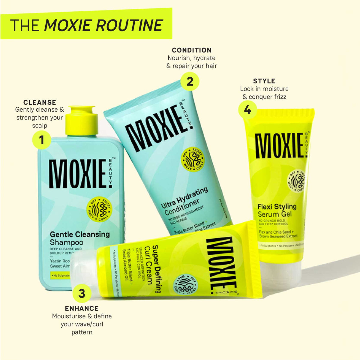 The Moxie Curly Travel Routine in 4 steps: cleanse with Gentle Cleansing Shampoo, condition with Ultra Hydrating Conditioner, enhance with Super Defining Curl Cream and style with Flexi Styling Serum Gel