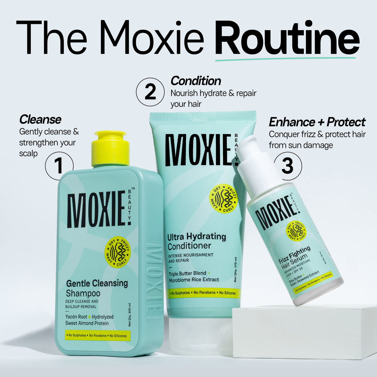 Ditch the Frizz Trio complete anti frizz hair care bundle by Moxie Beauty