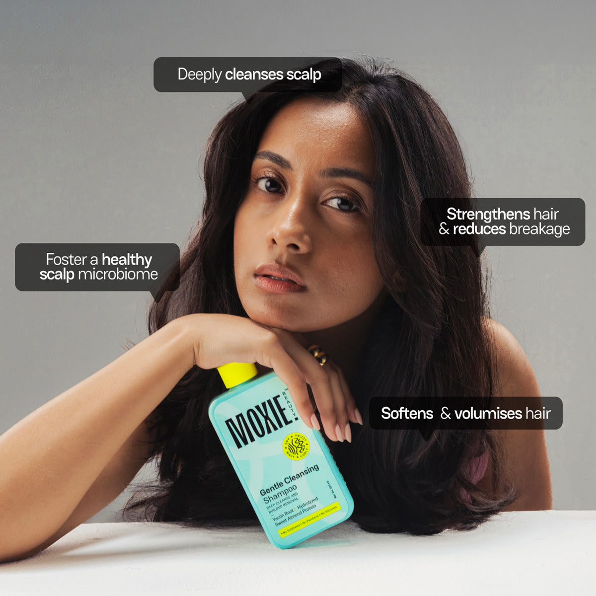 Infographic showing real hair results from Moxie products highlighting build-free scalp and softer hair