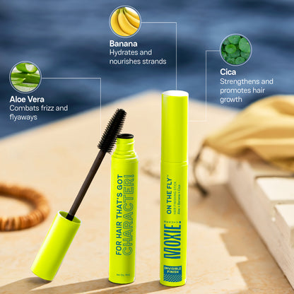 
Moxie Beauty On-The-Fly Hair Finishing Stick shown as  a compact styling product for smoothing flyaways, baby hairs and frizz on the go.
