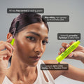 
Moxie Beauty On-The-Fly Hair Finishing Stick before-and-after graphic showing smoother hair, controlled flyaways and reduced visible frizz.