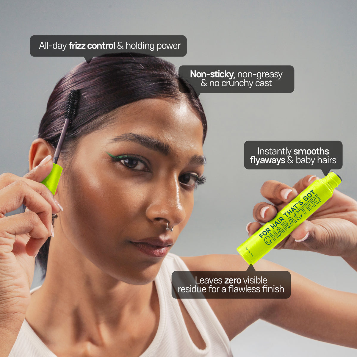 Moxie Beauty On-The-Fly Hair Finishing Stick before-and-after graphic showing smoother hair, controlled flyaways and reduced visible frizz.
