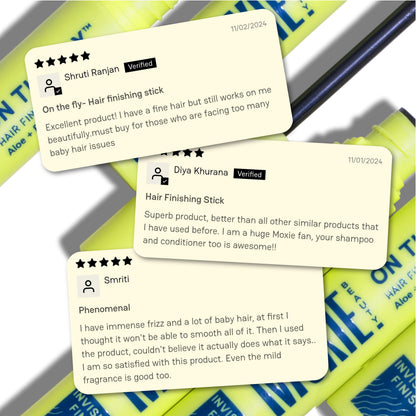 
Moxie Beauty On-The-Fly Hair Finishing Stick haircare solutions graphic highlighting smooth, polished styling for baby hairs, flyaways and frizz.