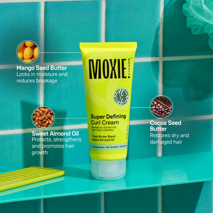 
Super Defining Curl Cream ingredients including mango seed butter, cocoa seed butter, and sweet almond oil