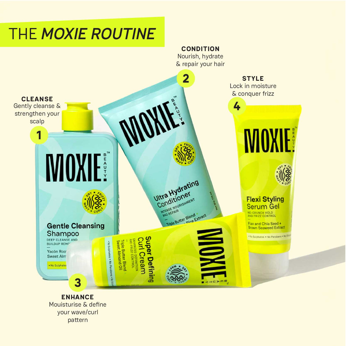 Infographic highlighting The Moxie Promise with clean, vegan and cruelty-free haircare standards