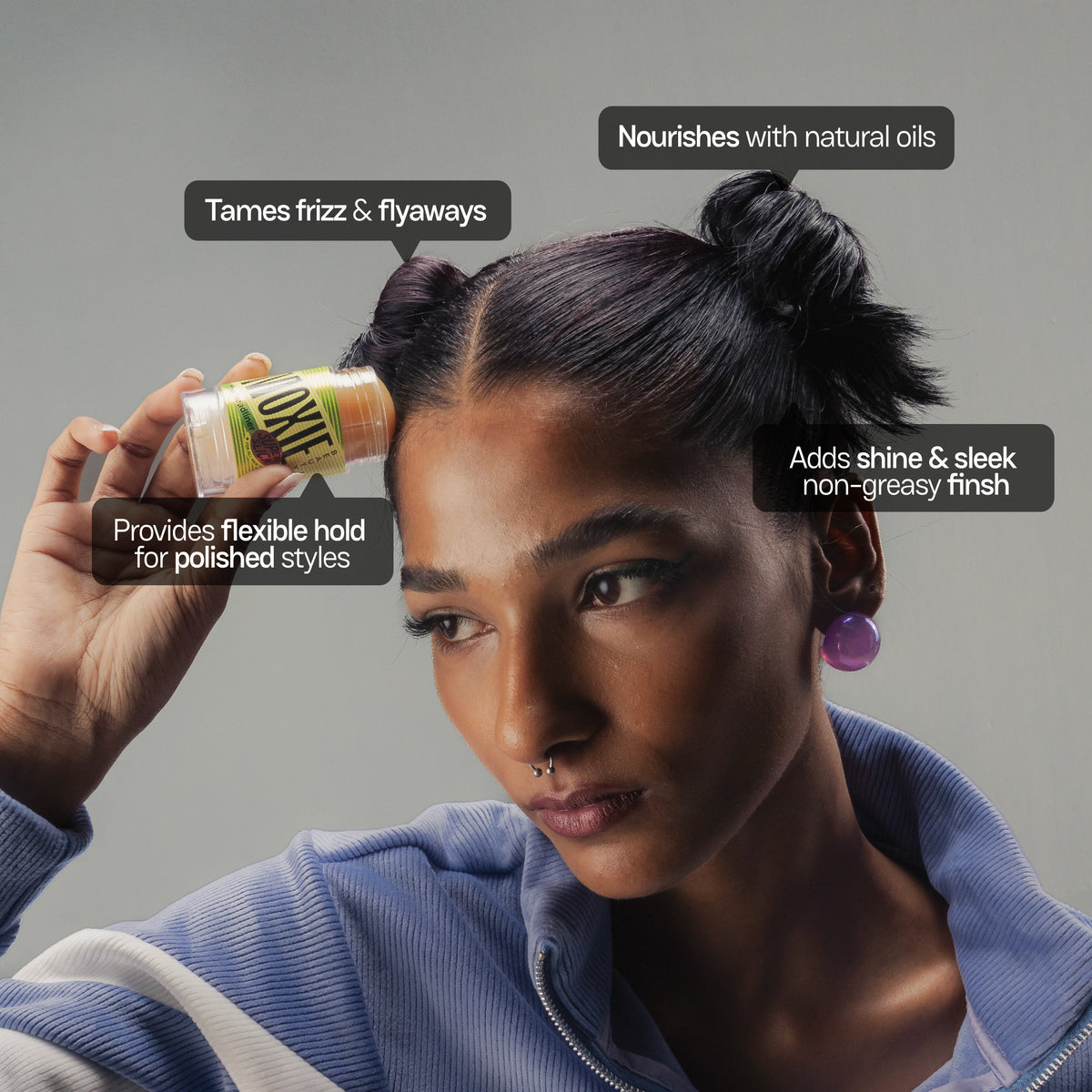 Moxie Beauty Headliner and Finisher Duo texture graphic showing the hair wax stick consistency designed for smooth, controlled styling and hold.