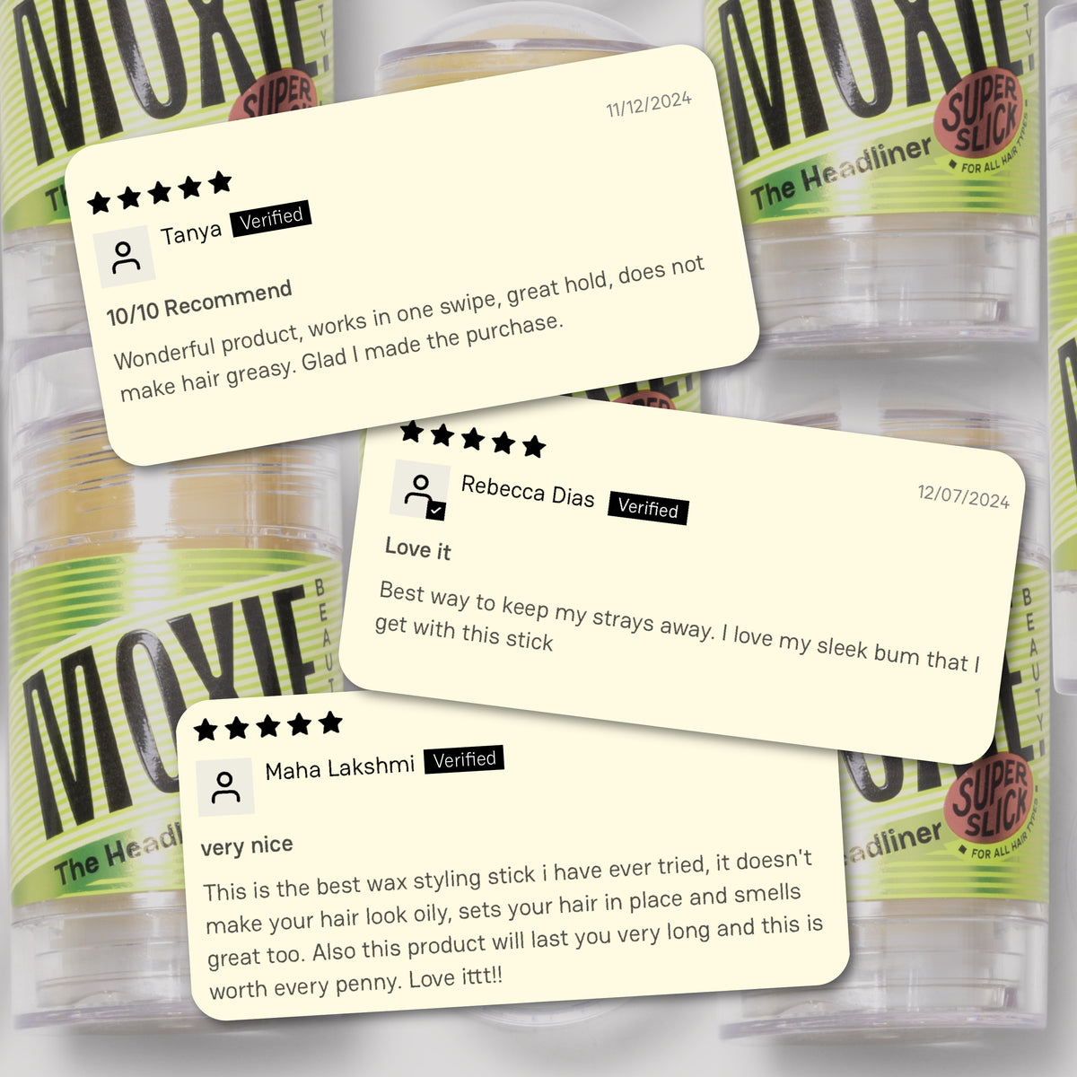 Moxie Beauty Headliner and Finisher Duo how-to-use guide showing direct application and smoothing steps for sleek, polished hairstyles.