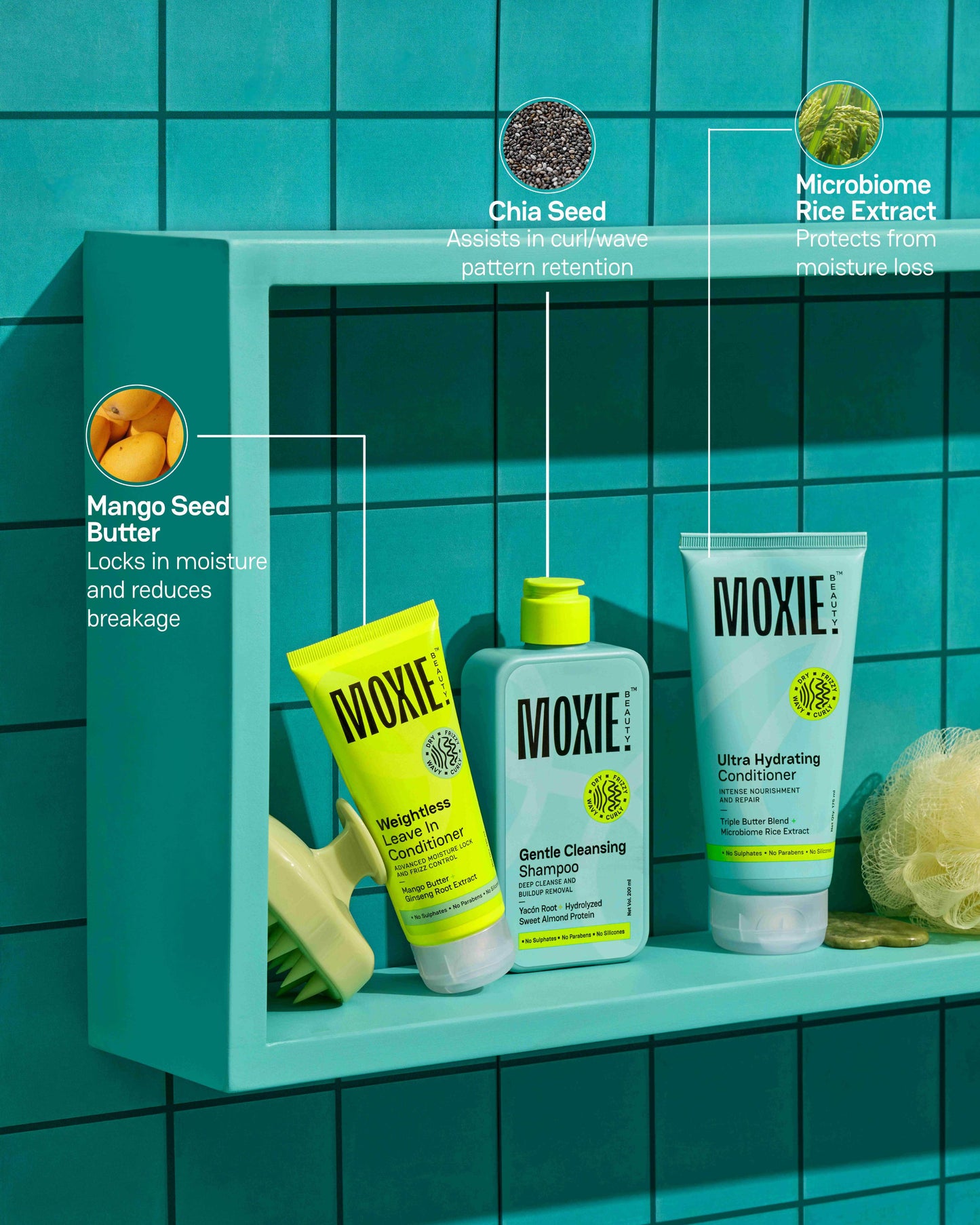 Just-The-Essentials Wavy Trio ingredients with microbiome rice extract, mango seed butter and keratin amino acids