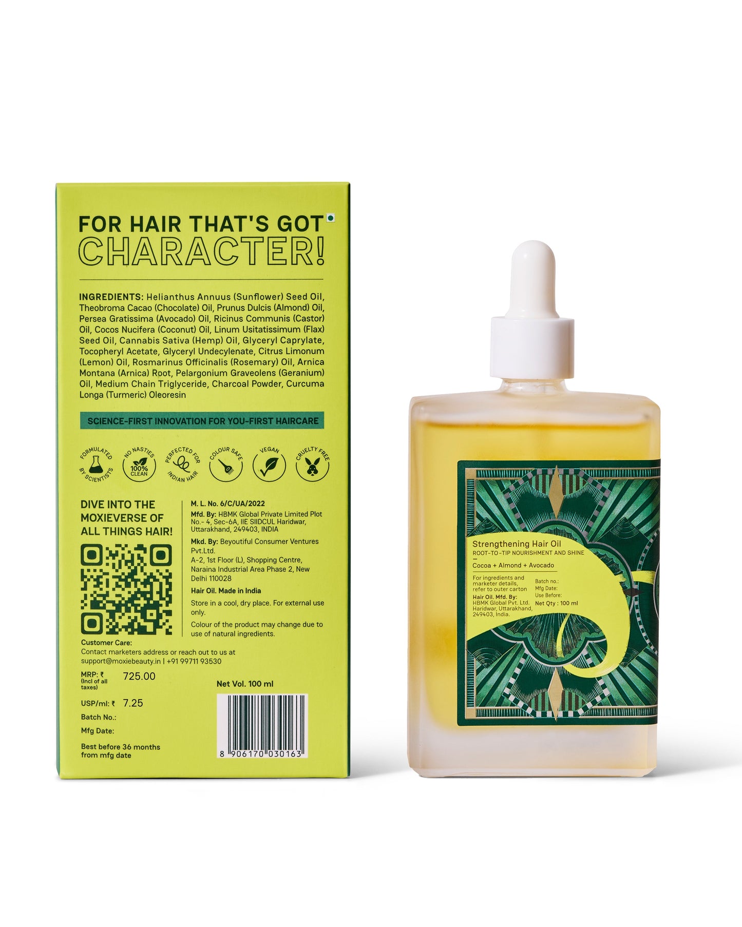 Moxie Beauty Cocoa Hemp Almond Hair Oil back product photo with ingredients and directions
