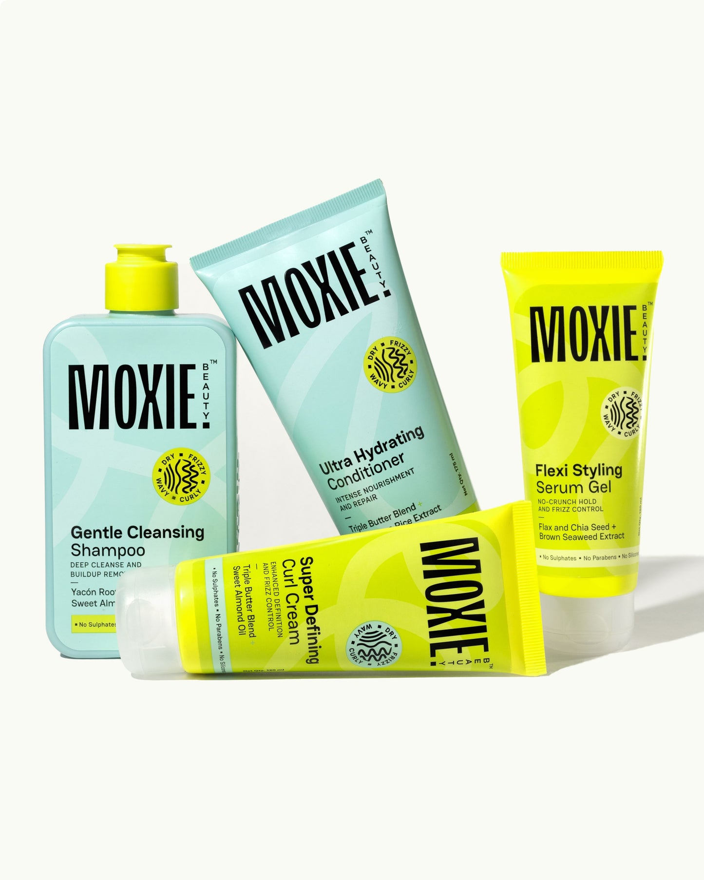 Moxie Curly Routine 4-step set with shampoo, conditioner, curl cream, and styling serum gel