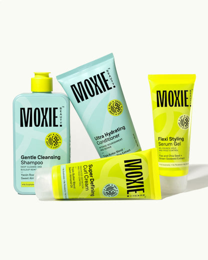 Moxie Curly Routine 4-step set with shampoo, conditioner, curl cream, and styling serum gel
