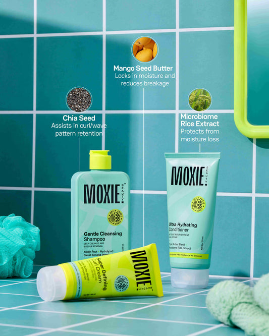 Just-The-Essentials Curly Trio with shampoo, conditioner, and defining cream for curly hair