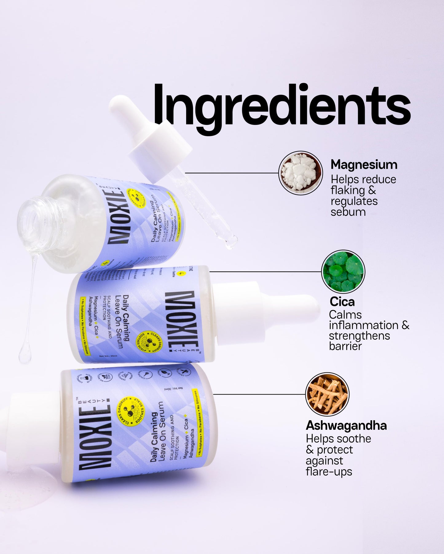 Moxie Beauty Daily Calming Leave On Serum key ingredients for scalp calming