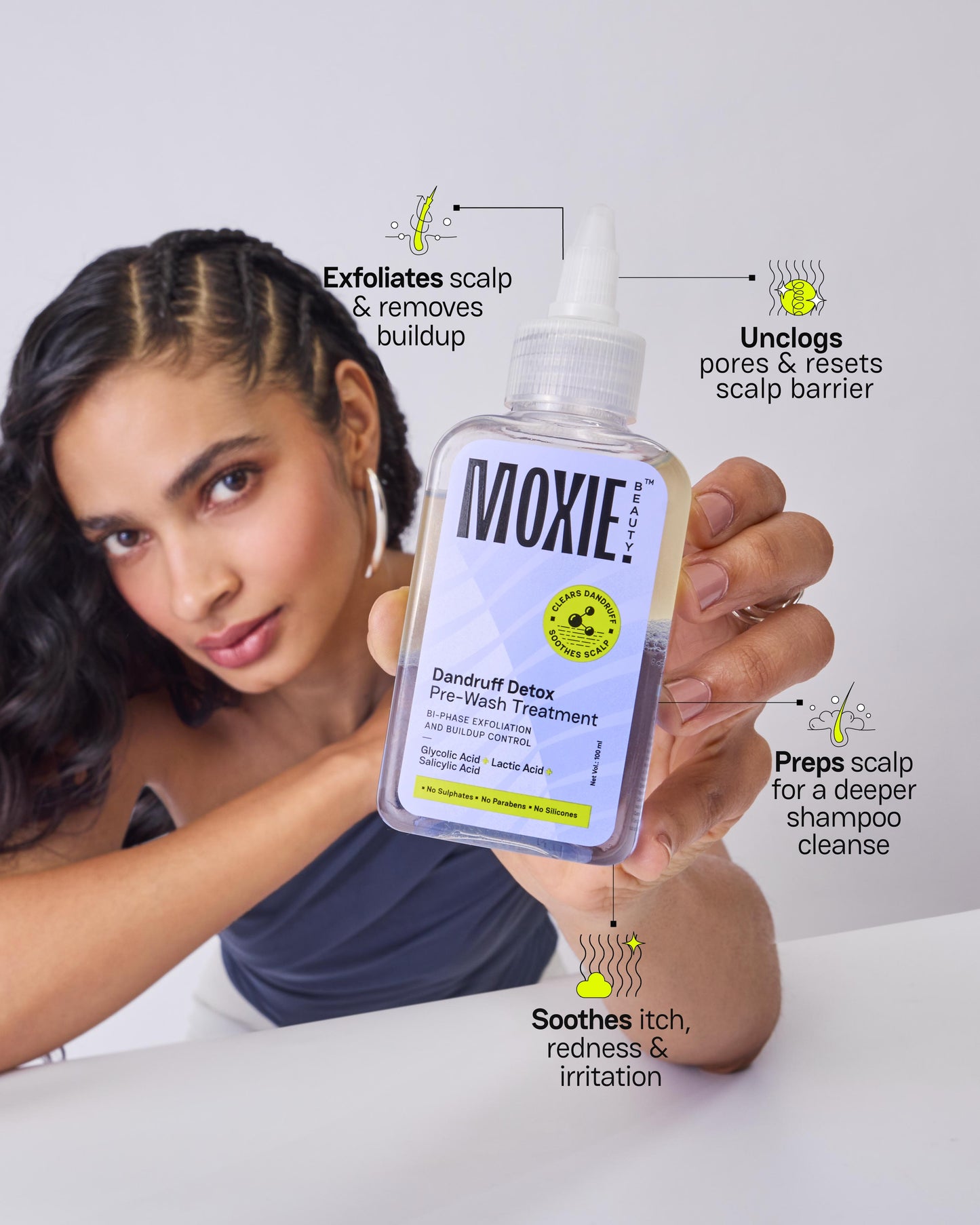 Moxie Beauty Dandruff Detox Pre Wash Treatment benefits for healthy dandruff free scalp