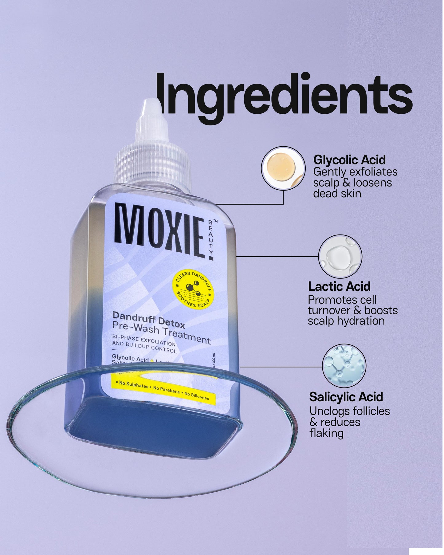 Moxie Beauty Dandruff Detox Pre Wash Treatment key ingredients for scalp detox