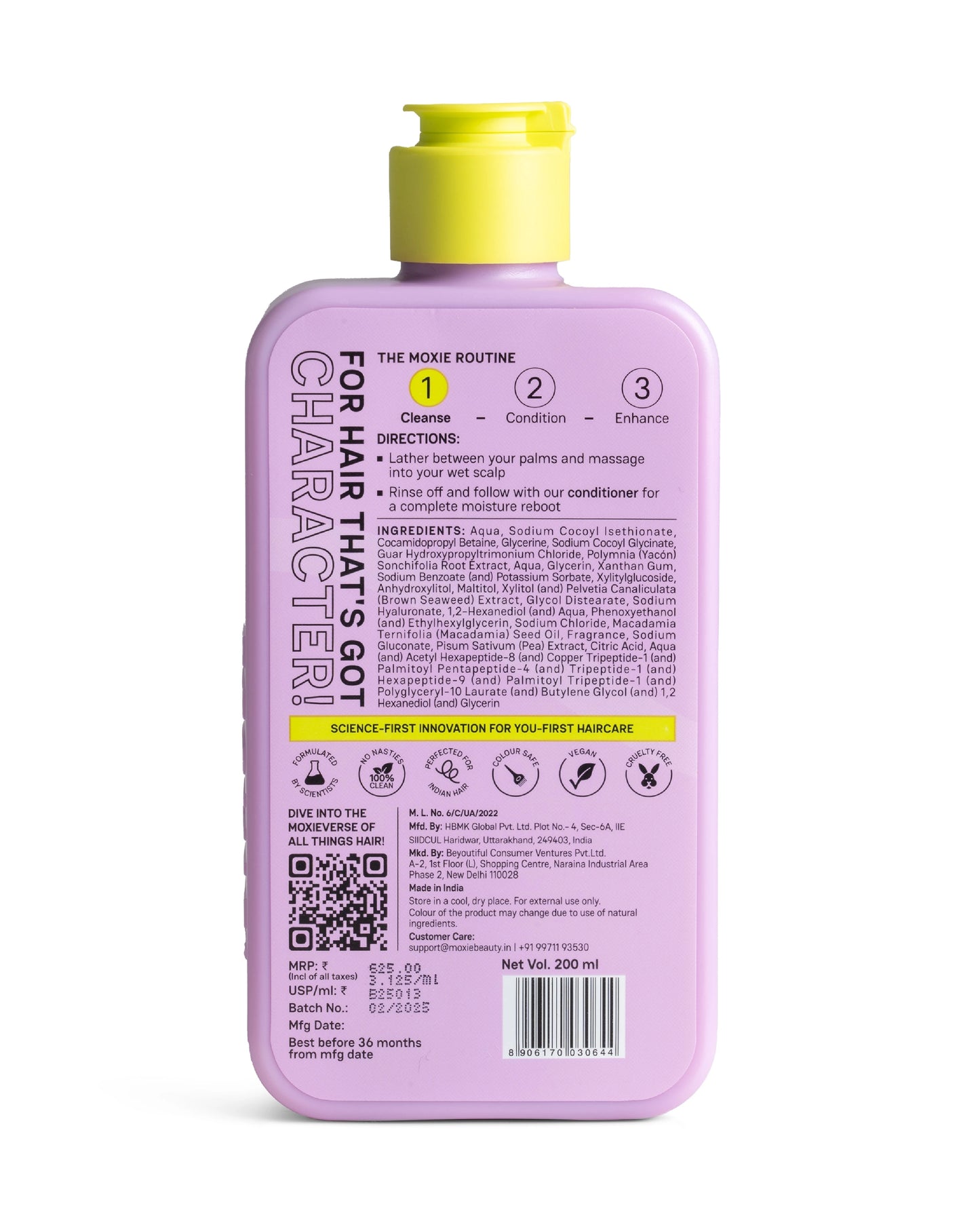 Moxie Beauty Hyaluronic Acid Repairing Shampoo back product photo with ingredients and directions