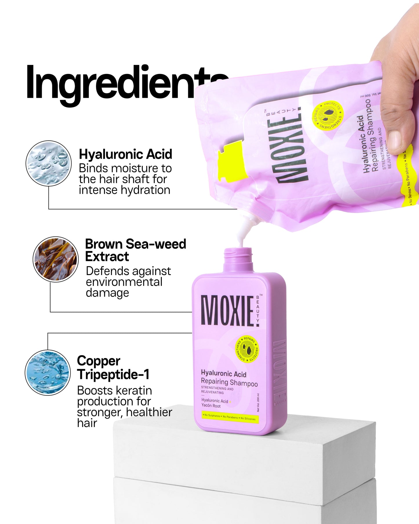 Moxie Beauty Hyaluronic Acid Repairing Shampoo key ingredients for strong hydrated hair