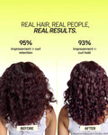 Before and after results from Moxie hair products showing improved moisture and frizz control