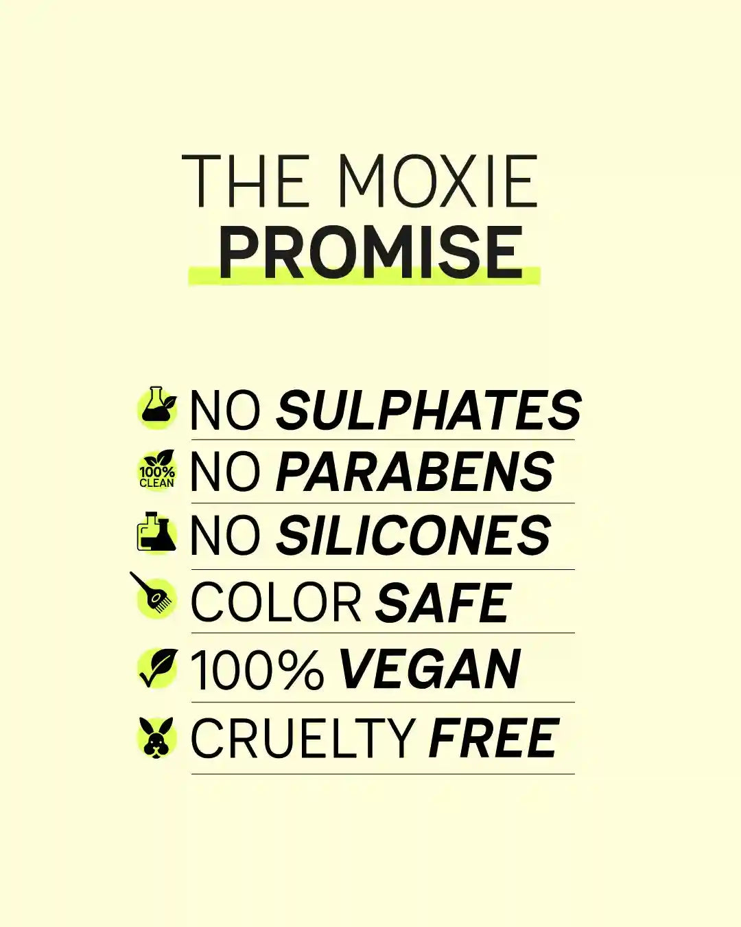 Infographic highlighting Moxie clean beauty claims with vegan, cruelty-free and color-safe standards