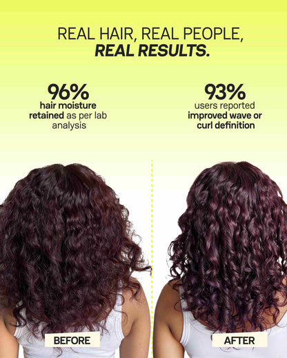 Infographic showing Moxie curly products results with improved curl definition, frizz control, and moisturized hair