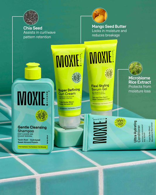 Moxie Curly Routine 4-step set with shampoo, conditioner, curl cream, and styling serum gel