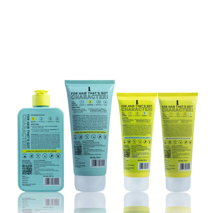 Back view of The Moxie Curly Routine 4-step set showing directions, ingredients, and product details