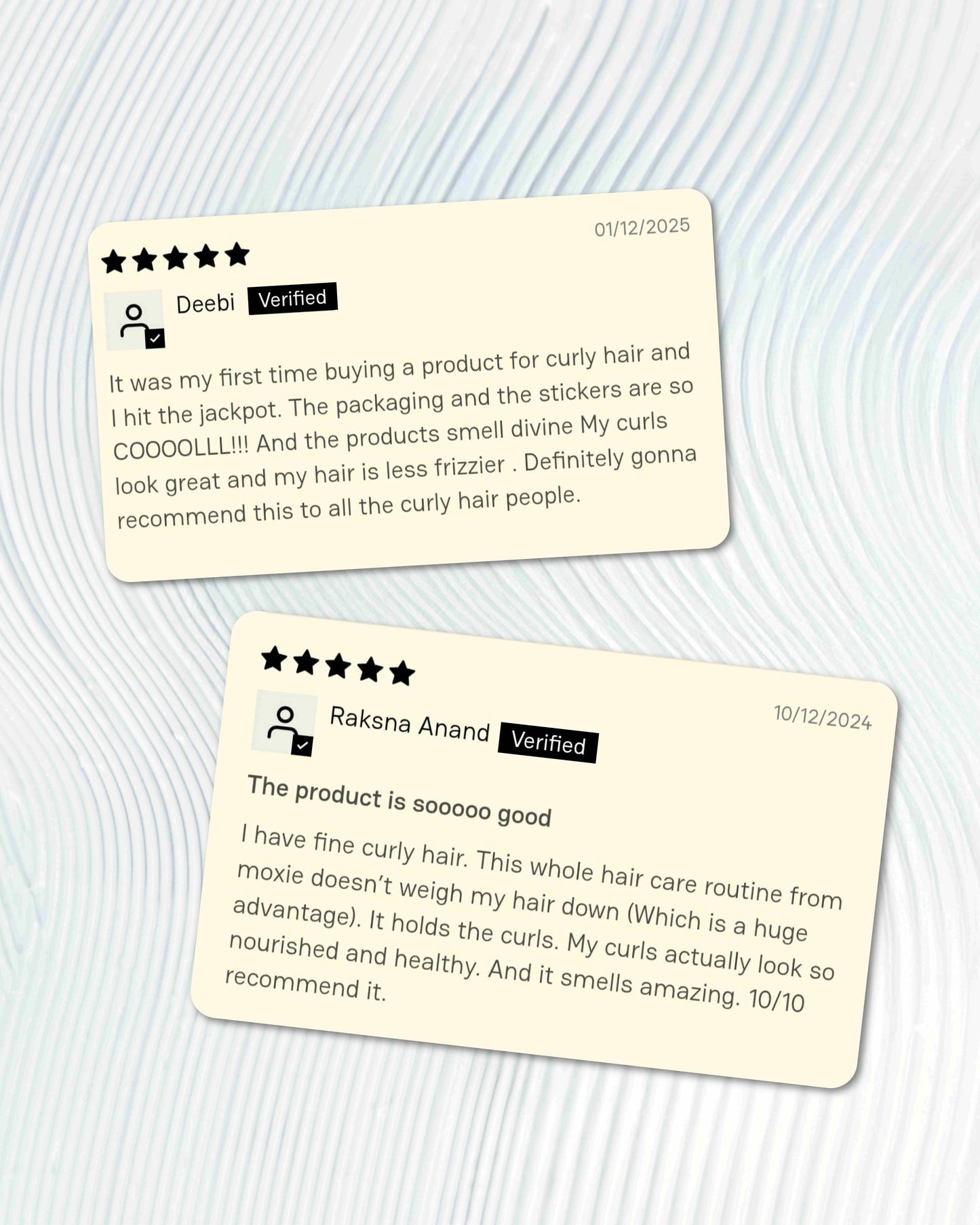 Customer reviews sharing experiences with The Moxie Curly Routine 4-step curl care set