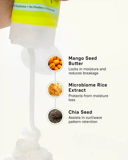 Key ingredients in Moxie hair products: microbiome rice extract, mango seed butter, and chia seed