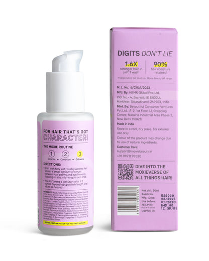 Moxie Hair Serum Back Label 1.6x Stronger in 1 Wash & 90% Hair Moisture Retained