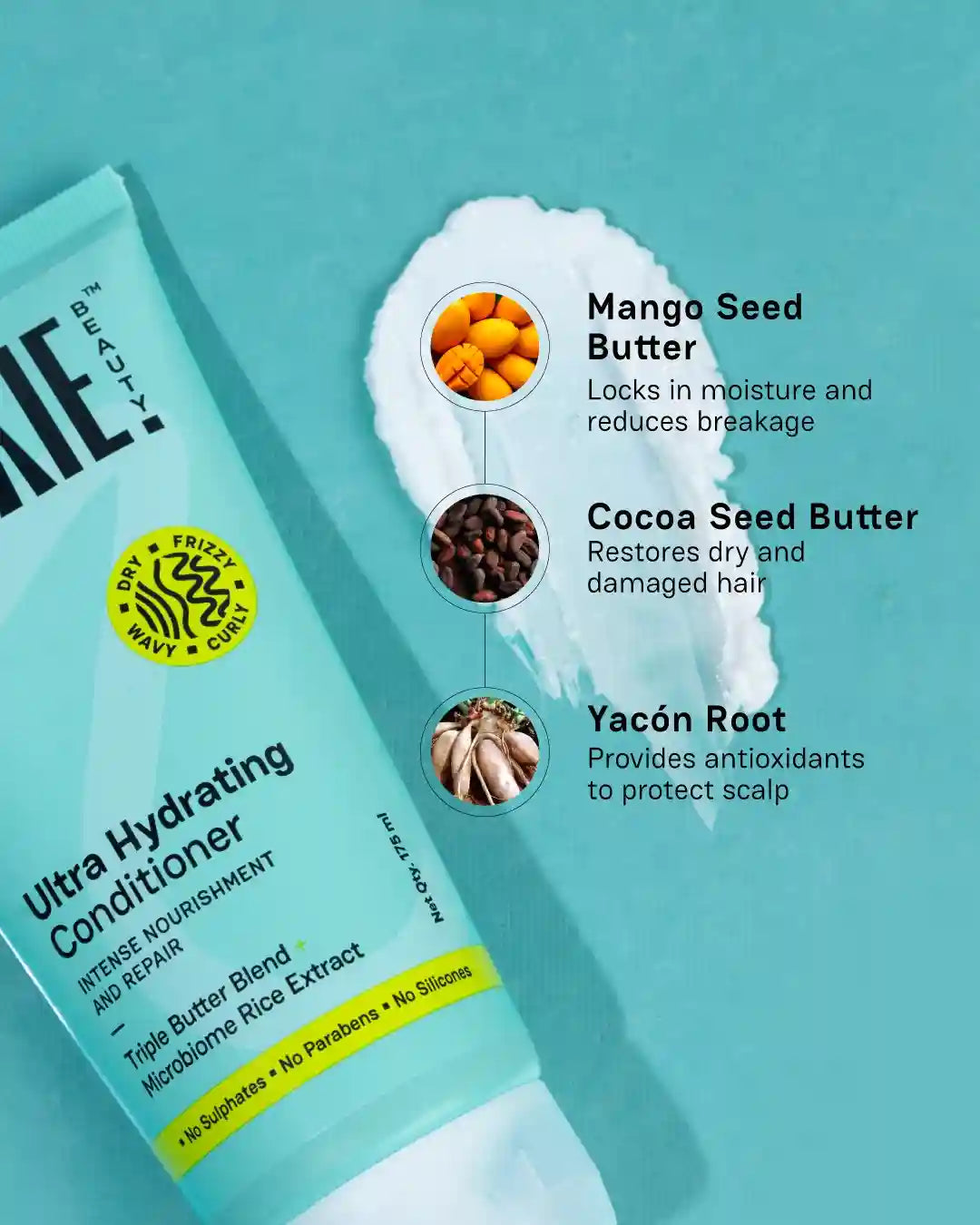 Hydrating conditioner ingredients with yacón root, mango seed butter and cocoa seed butter
