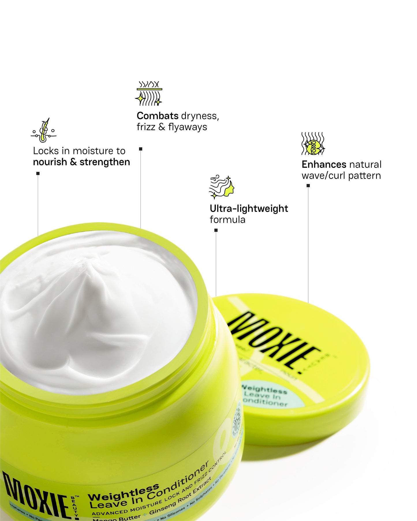 Leave-In Conditioner benefits: combats dryness, frizz, locks in moisture, and enhances natural wave