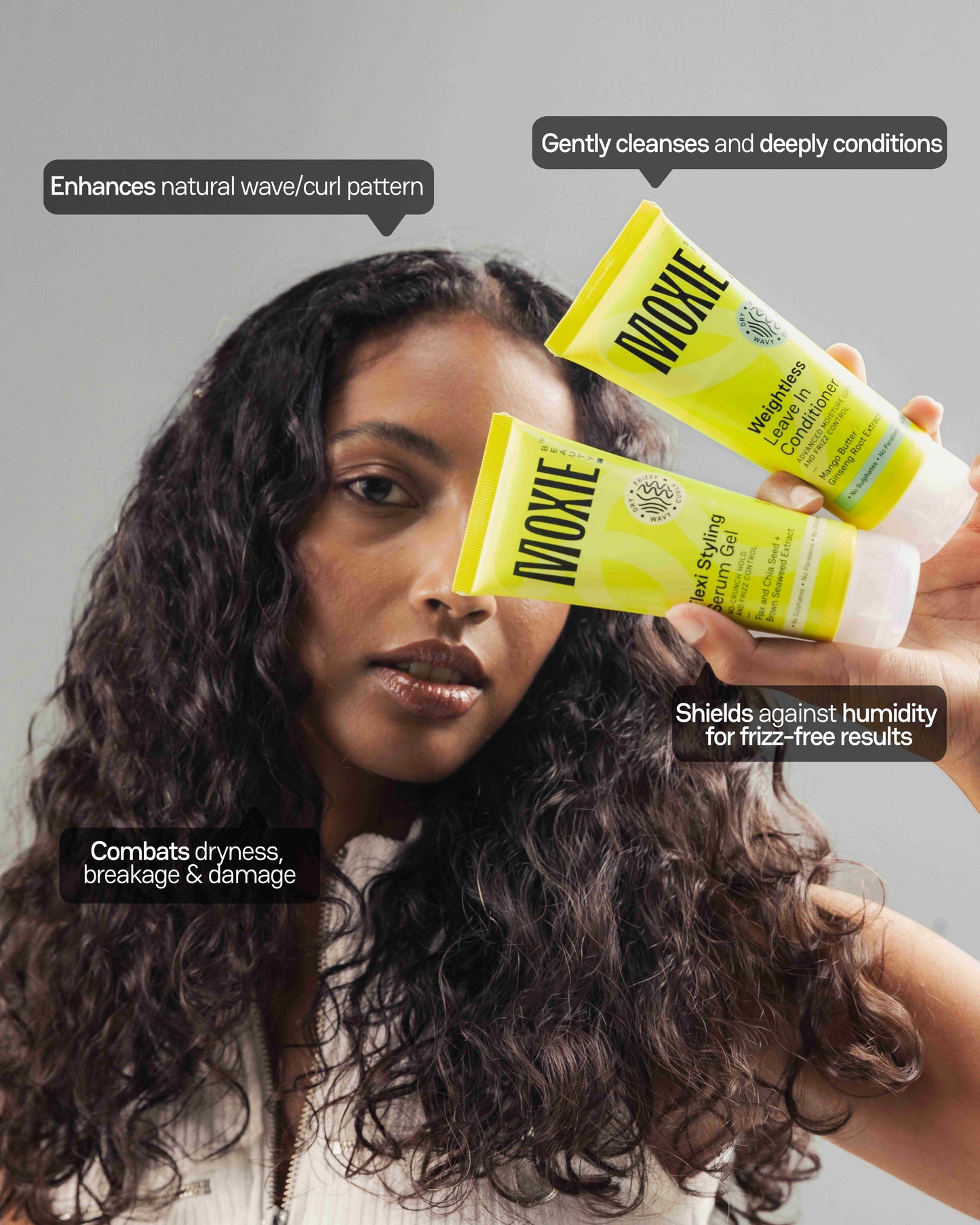 Moxie leave-in cream and serum gel enhancing natural waves while reducing dryness and breakage