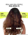 Infographic showing real hair results from Moxie products highlighting build-free scalp and softer hair
