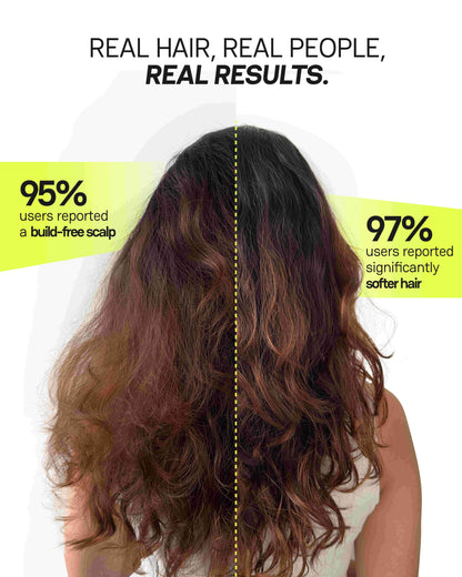 Infographic showing real hair results from Moxie products highlighting build-free scalp and softer hair