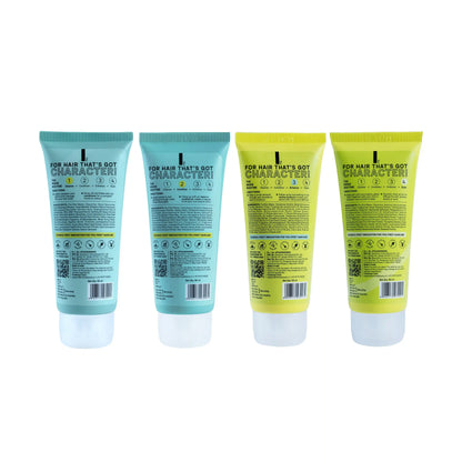 Back view of four Moxie wavy hair products showing packaging and ingredient details