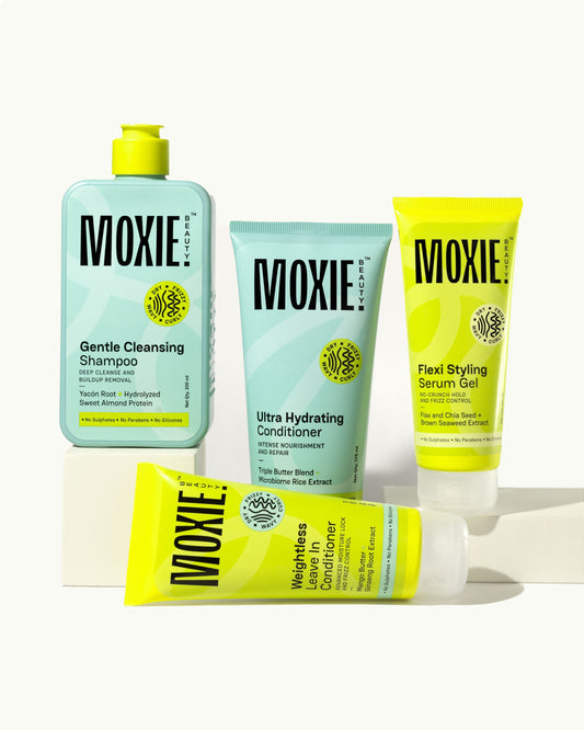 Moxie 4-step wavy hair routine kit with shampoo, conditioner, leave-in and serum gel