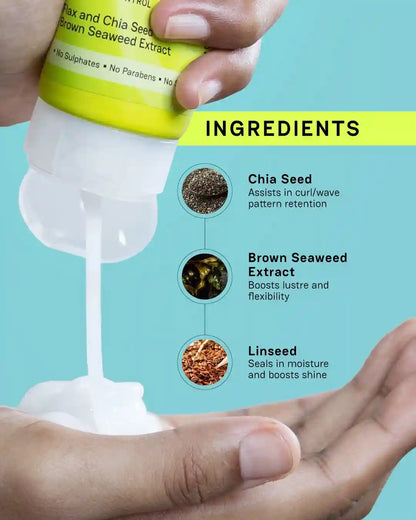 Flexi Styling Serum Gel ingredients with chia seed, brown seaweed extract and linseed
