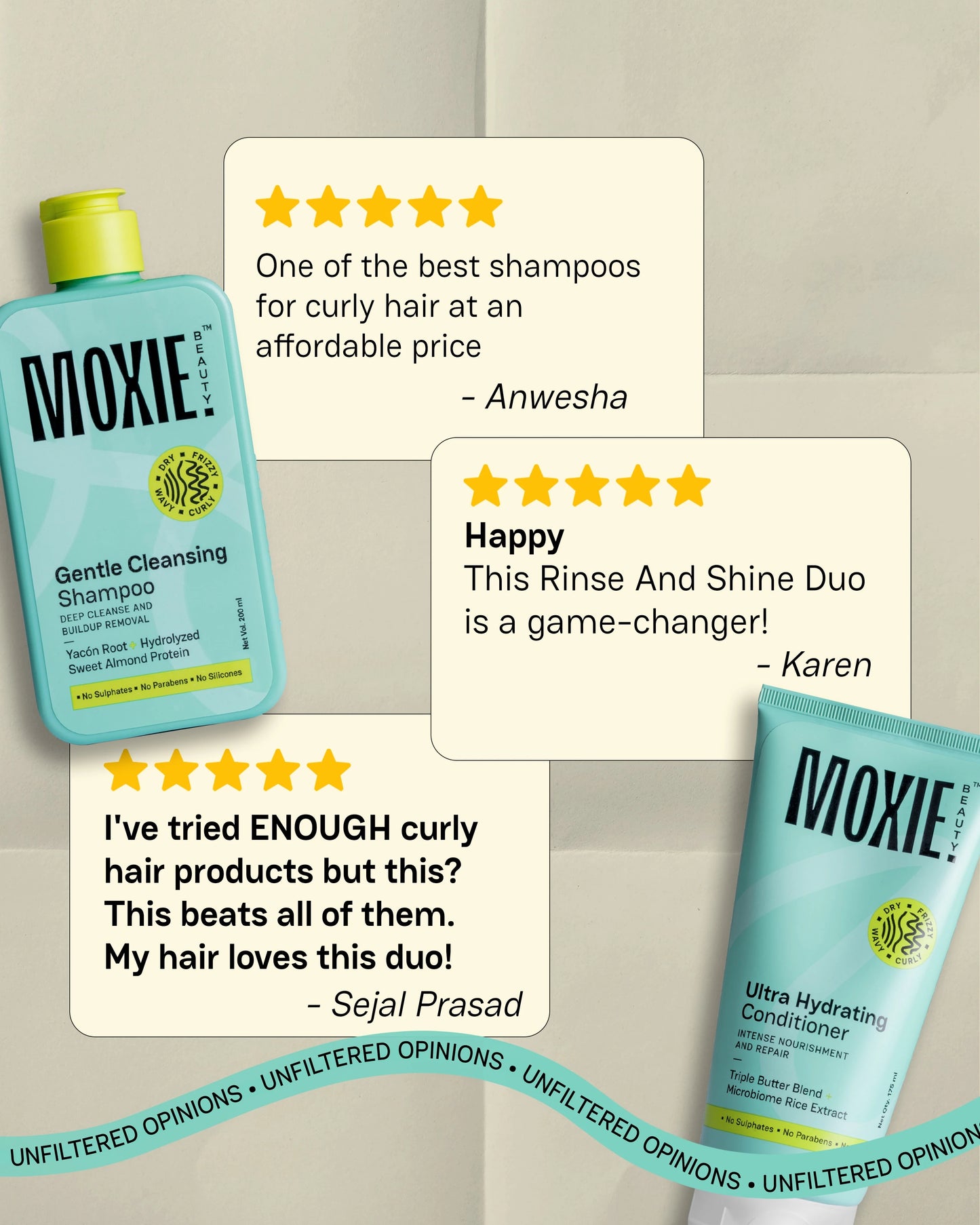 Customer reviews sharing experiences with Moxie gentle shampoo and conditioner